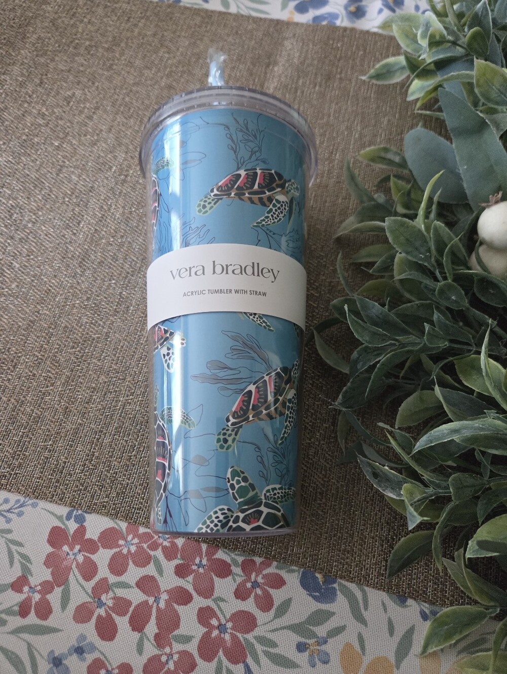 Vera Bradley Turquoise Sea Turtle Acrylic Tumbler with Straw